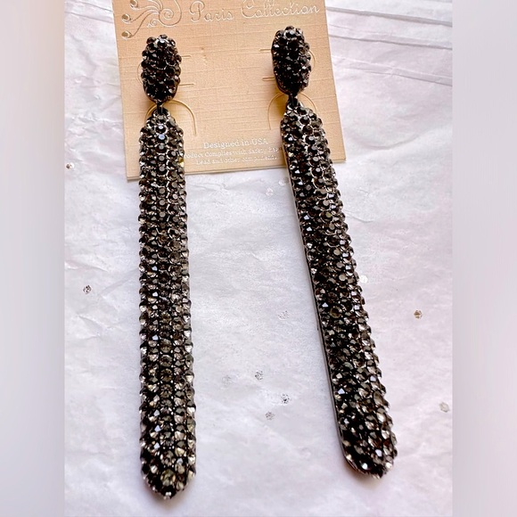 NWT Shoulder Duster Earrings Black Rhinestones 3 1/2" long - Picture 2 of 4